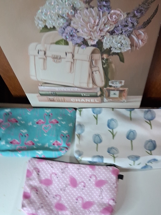 Handbags - Set of 3 Floral & Flamingo Cosmetic Pouches - Pink, Teal, White